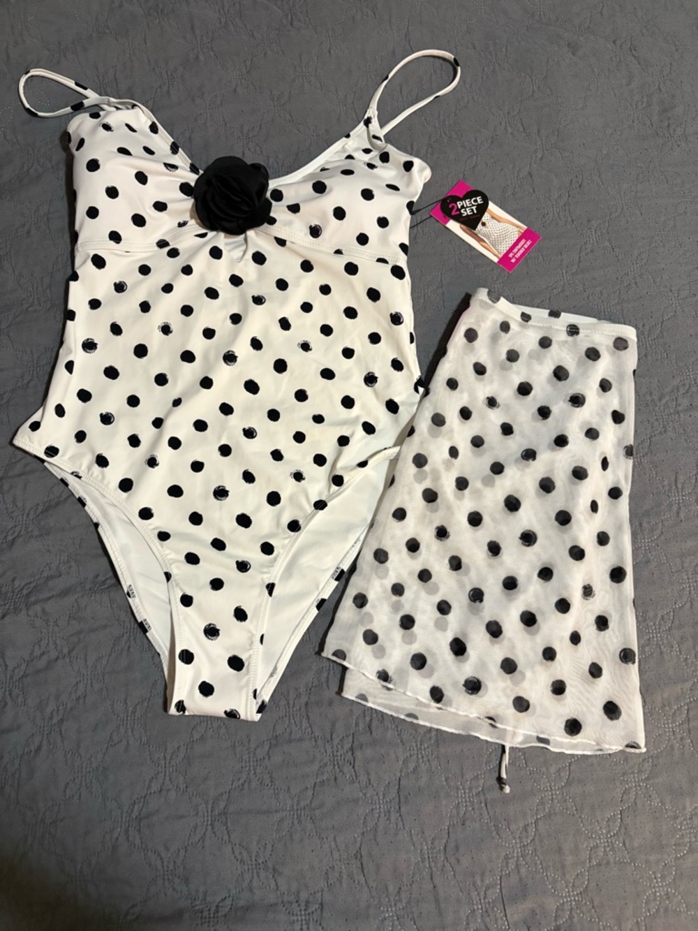 Betsey Johnson black and white polka dot one-piece swimsuit +
Rushed Skirt Sz M